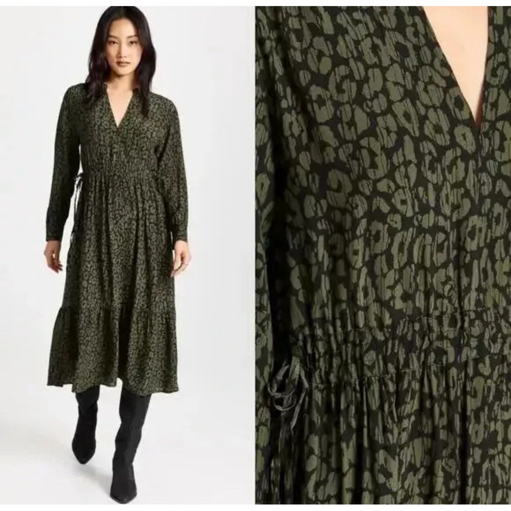 Rails Maple Olive Green Maple Batik Cheetah Rayon Midi Dress M/8 Medium Side Tie